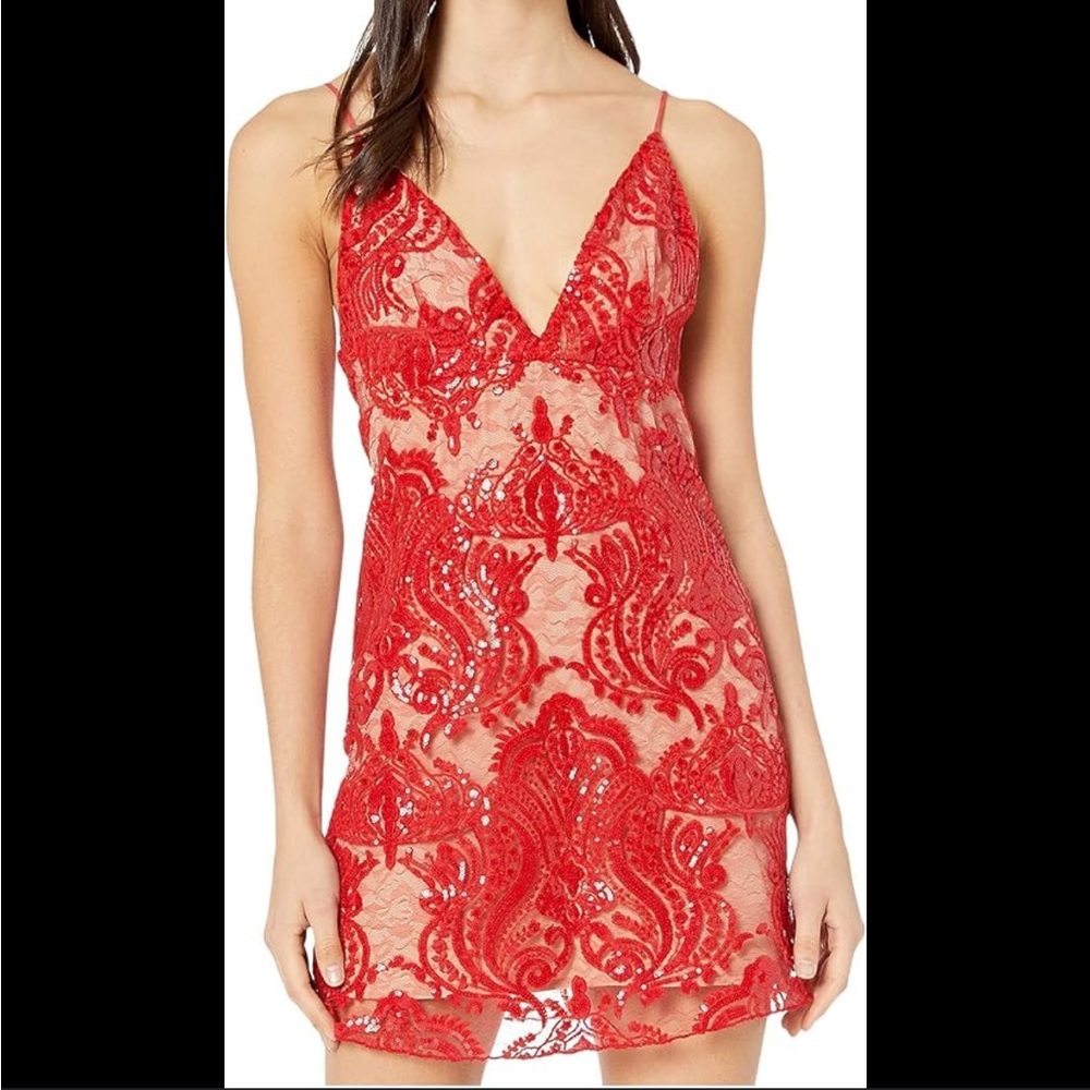 Free People Night Shimmers Red Lace Mini Dress